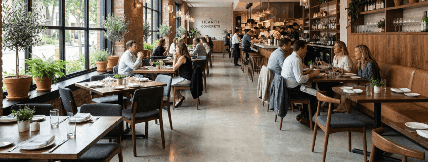 A modern, stylish restaurant with large windows, wooden tables, potted plants, and people dining in pairs and groups. The open kitchen is visible in the background, and natural light fills the space.
