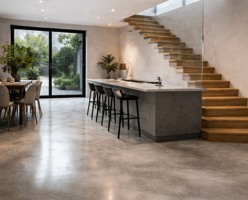 Concrete Floor - Architects specification 1 Modern open-plan kitchen featuring a polished concrete and microcement floor, a large island with black bar stools, wooden stairs with glass balustrade, dining table, indoor plants, and expansive glass doors leading to the garden.