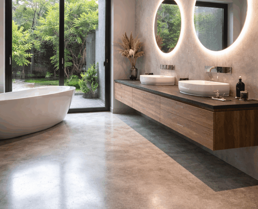 Concrete Floor - Architects specification 2 Modern bathroom with large sliding glass doors, a freestanding white bath, double basins on a floating wooden vanity unit, round backlit mirrors, and a view of greenery outside. Features a polished concrete floor and minimalist decor.