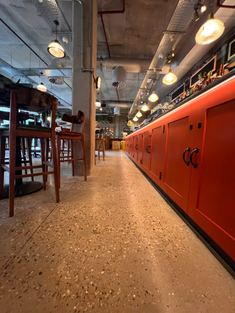 Exposed aggregate polished concrete floor at The Dock House, Brentford