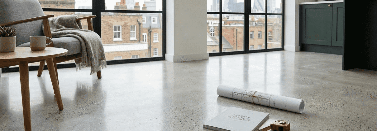 A modern living space with large windows, an armchair, a small wooden table, and kitchen cupboards. Architectural plans, a tape measure, and a notebook are on the polished concrete floor. City buildings are visible outside.