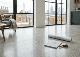 A modern living space with large windows, an armchair, a small wooden table, and kitchen cupboards. Architectural plans, a tape measure, and a notebook are on the polished concrete floor. City buildings are visible outside.