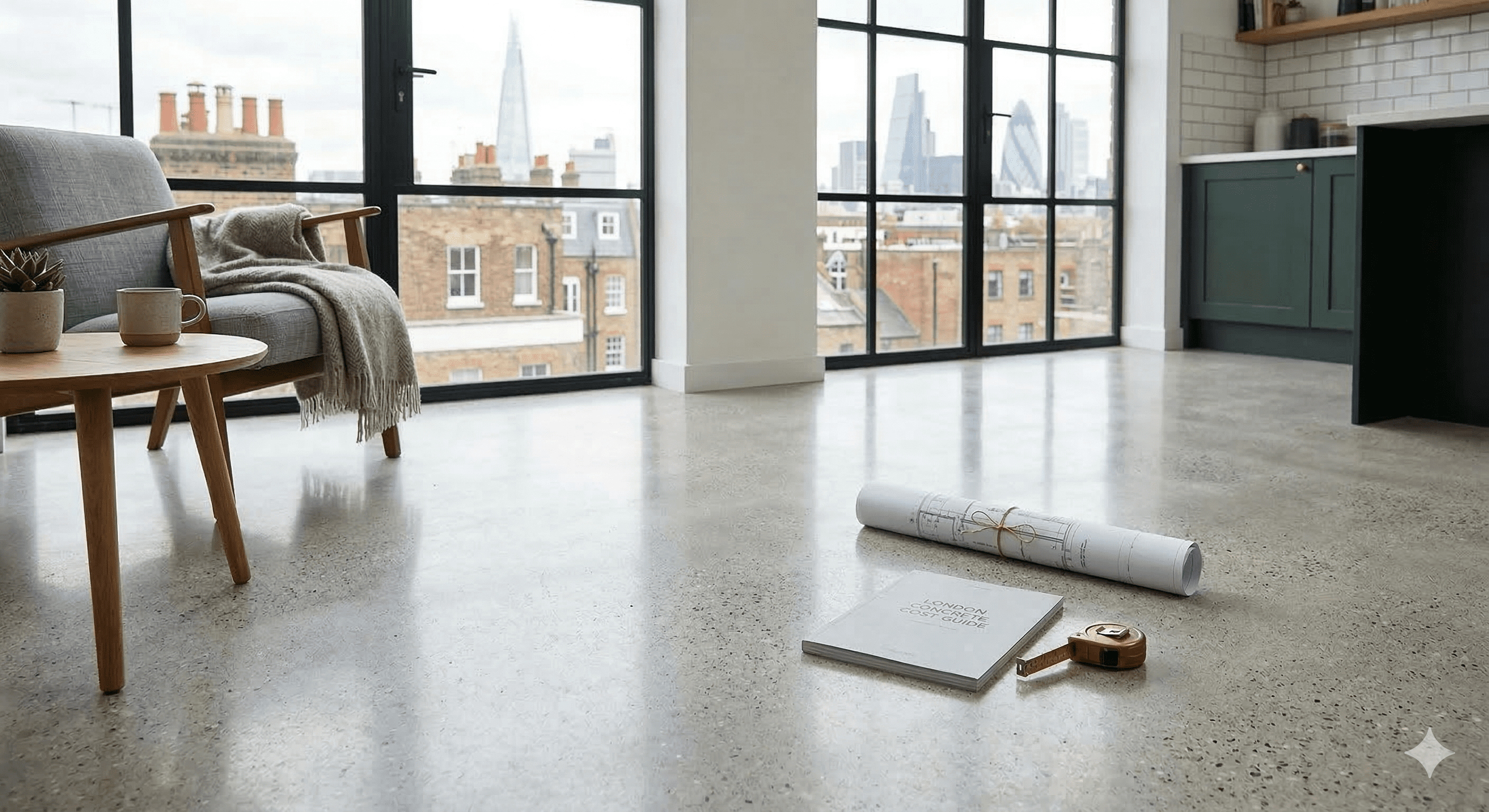 A modern living space with large windows, an armchair, a small wooden table, and kitchen cupboards. Architectural plans, a tape measure, and a notebook are on the polished concrete floor. City buildings are visible outside.