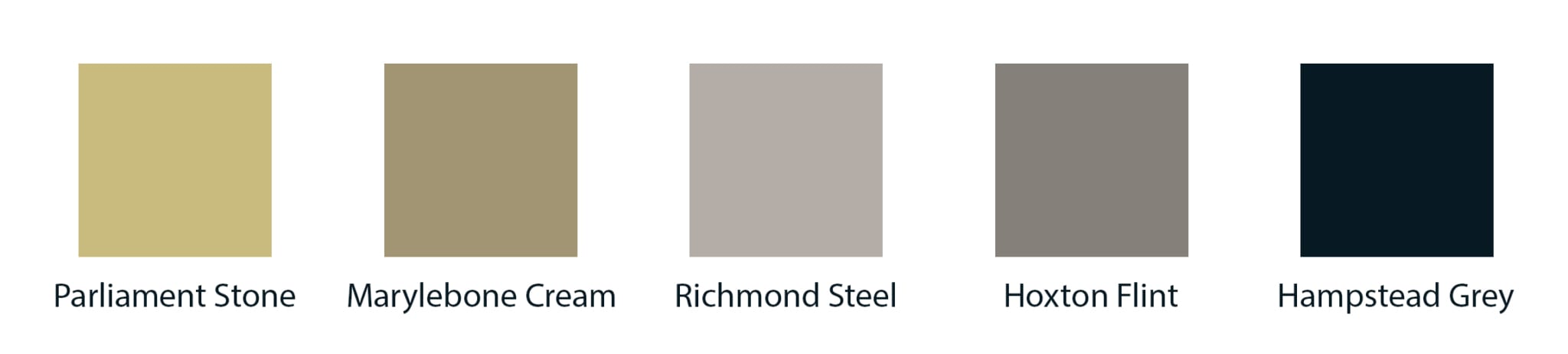 Five colour swatches labelled left to right—Parliament Stone (muted yellow), Marylebone Cream (light tan), Richmond Steel (light grey), Hoxton Flint (medium grey), and Hampstead Grey (dark charcoal)—inspired by London Polished Concrete's products and services.