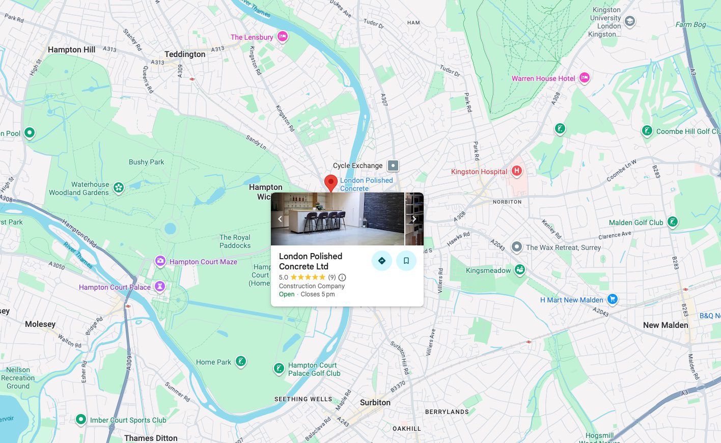 A digital map highlights the location of London Polished Concrete Ltd near the River Thames in southwest London, featuring nearby areas like Hampton and Teddington. A business info card in the centre makes it easy for you to get in touch.