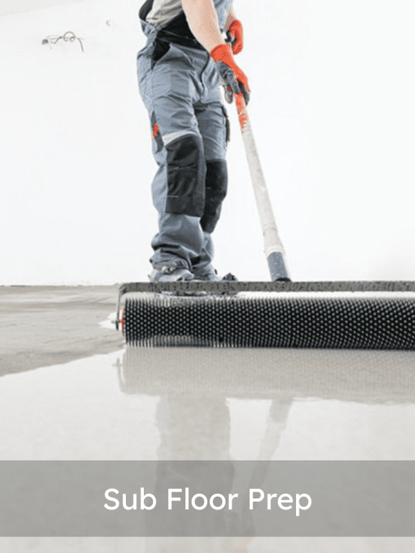 Person wearing work gloves and kneepads uses a long-handled roller to apply coating to a concrete subfloor in a bright, unfinished room. Text on image reads Sub Floor Prep. London Polished Concrete